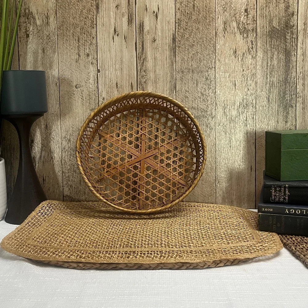 Handwoven Wicker Round Serving Tray Shallow Basket Cottage Core
